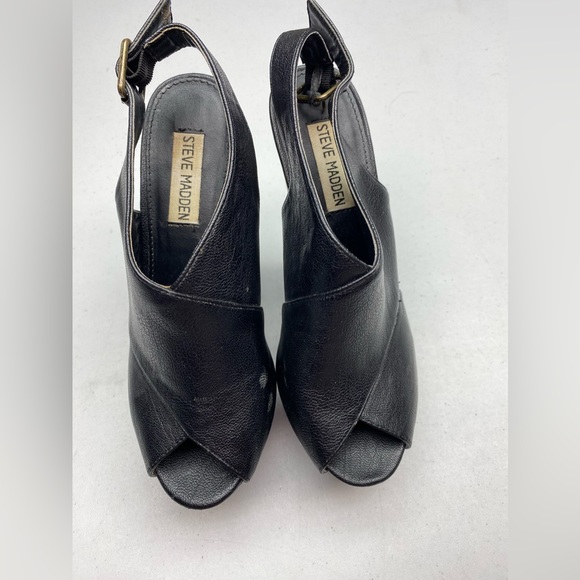 Steve Madden BLK Faux Leather Chunky Heel Sandals, 7 Spring Sale - Picture 2 of 8